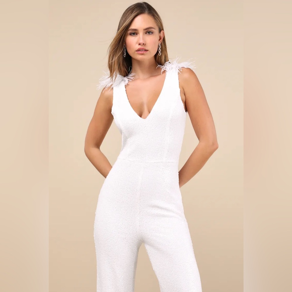 Shiny Perfection White Sequin Feather Rhinestone Jumpsuit